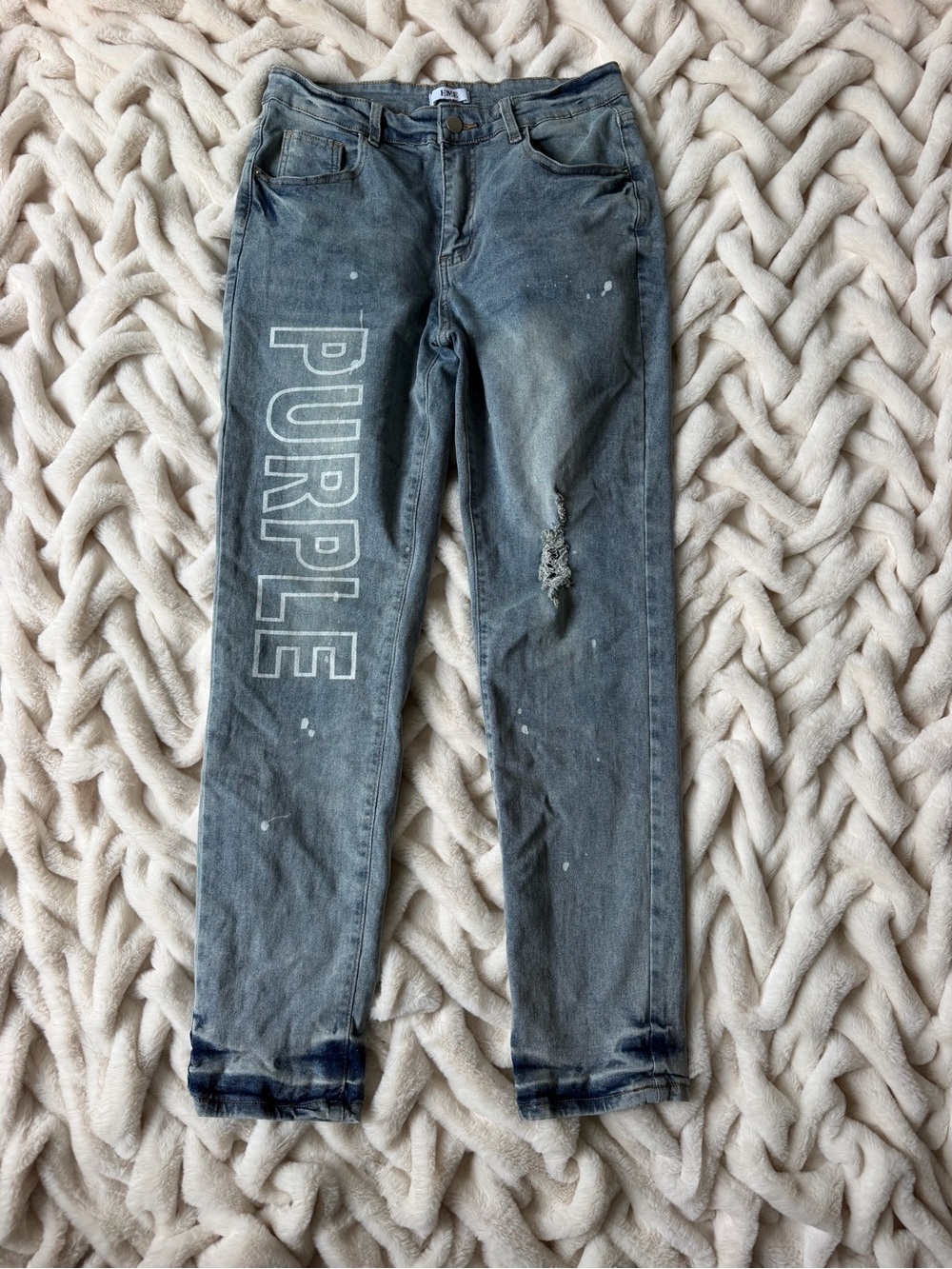ME Makeover Essentials Gray Washed Skinny Jeans with White 'PURPLE' Side Print